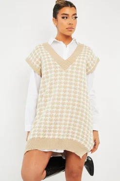 Rebellious Fashion Beige Houndstooth Knit Vest - Hazel