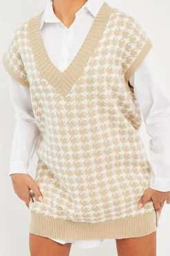 Rebellious Fashion Beige Houndstooth Knit Vest - Hazel