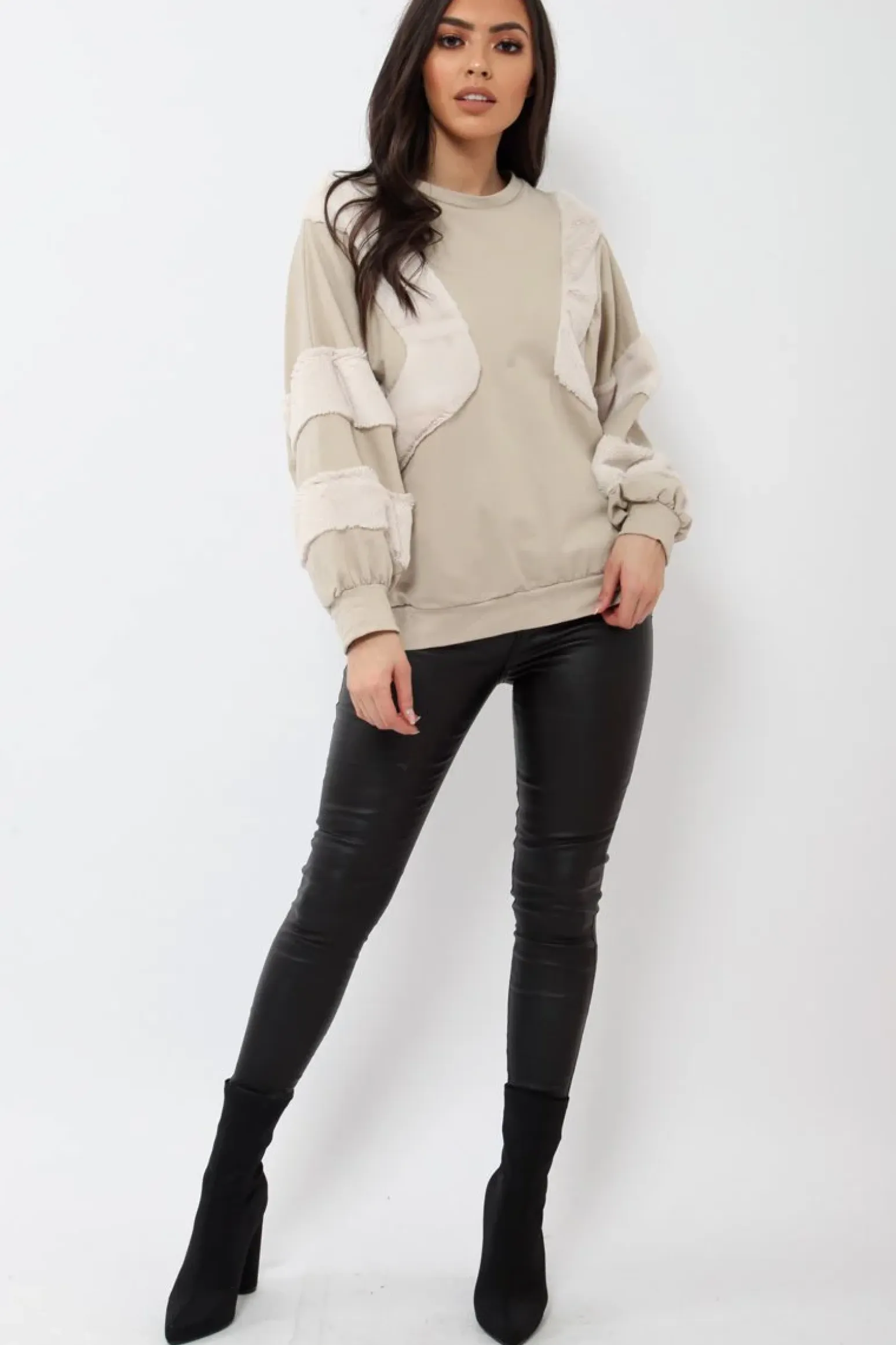 Rebellious Fashion Beige Jumper with Fur on Front and Sleeves - Mercedes