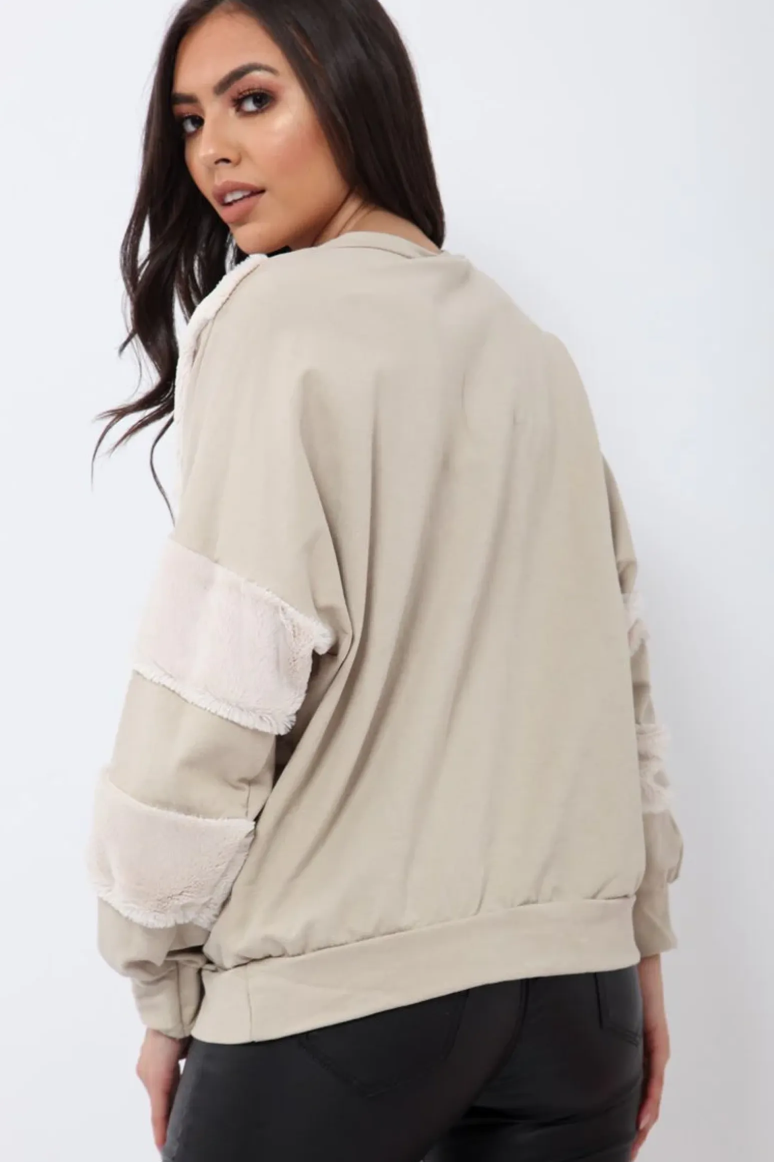 Rebellious Fashion Beige Jumper with Fur on Front and Sleeves - Mercedes
