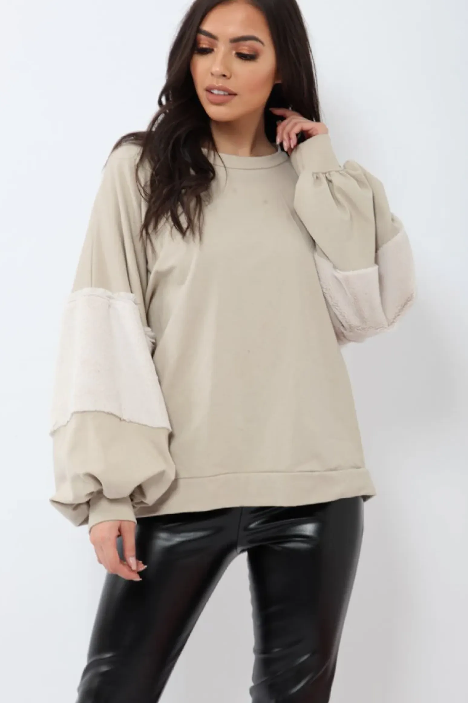 Rebellious Fashion Beige Jumper with Fur Sleeves - Stephanie