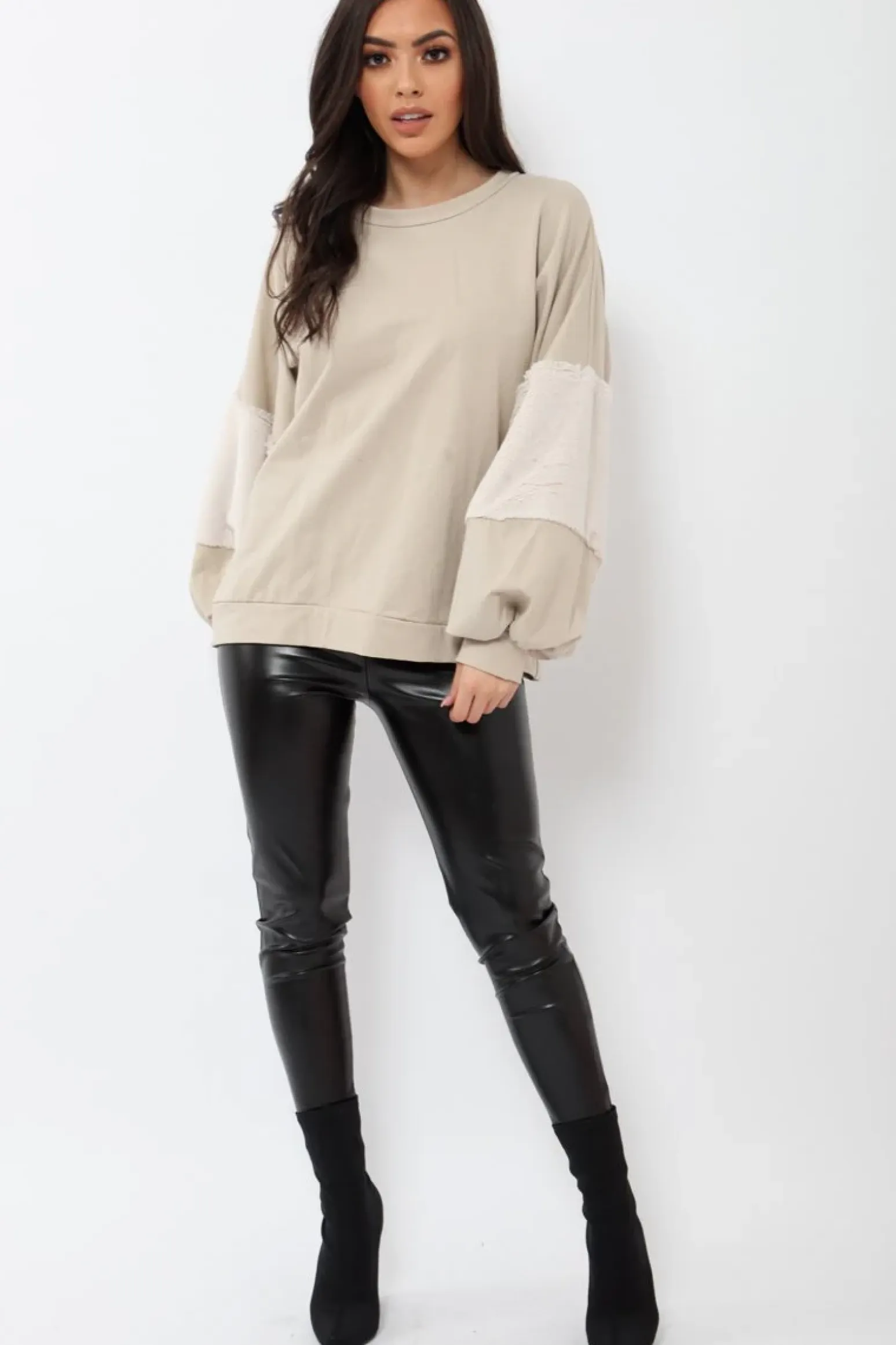 Rebellious Fashion Beige Jumper with Fur Sleeves - Stephanie