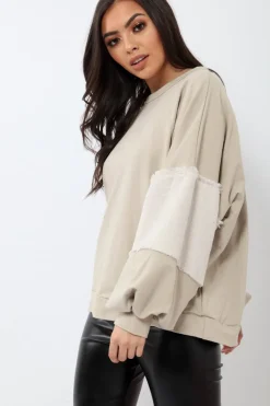 Rebellious Fashion Beige Jumper with Fur Sleeves - Stephanie