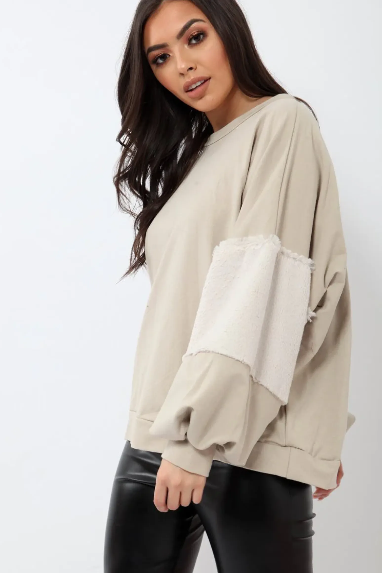 Rebellious Fashion Beige Jumper with Fur Sleeves - Stephanie