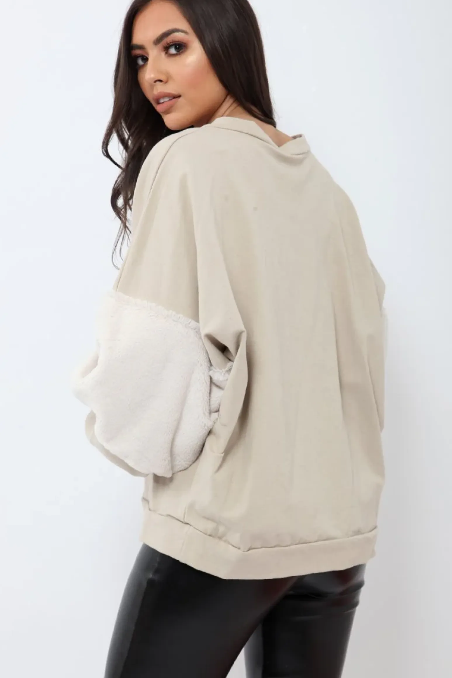 Rebellious Fashion Beige Jumper with Fur Sleeves - Stephanie