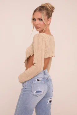Rebellious Fashion Beige Knit Asymmetric Hem Cropped Jumper - Prima
