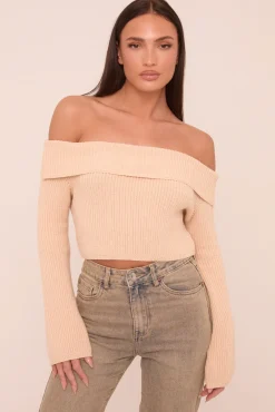 Rebellious Fashion Beige Knit Bardot Long sleeves Cropped Jumper Top - Roberta