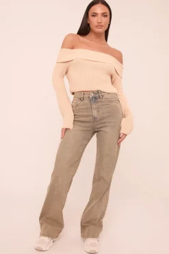 Rebellious Fashion Beige Knit Bardot Long sleeves Cropped Jumper Top - Roberta