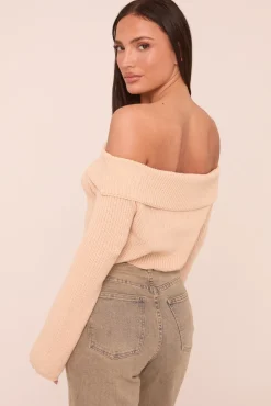 Rebellious Fashion Beige Knit Bardot Long sleeves Cropped Jumper Top - Roberta