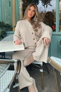 Rebellious Fashion Beige Knit Button Up Top & Flared Leg Trouser Co-ord Set - Ellan