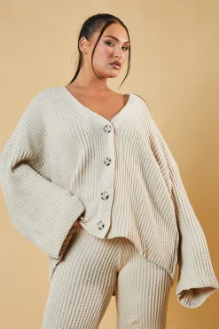 Rebellious Fashion Beige Knit Button Up Top & Flared Leg Trouser Co-ord Set - Ellan