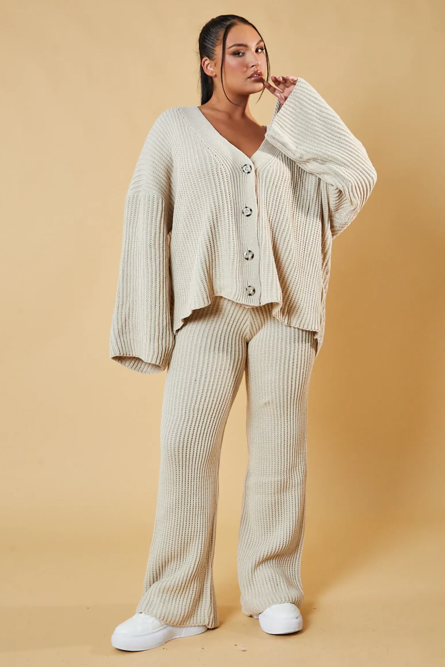 Rebellious Fashion Beige Knit Button Up Top & Flared Leg Trouser Co-ord Set - Ellan