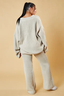 Rebellious Fashion Beige Knit Button Up Top & Flared Leg Trouser Co-ord Set - Ellan