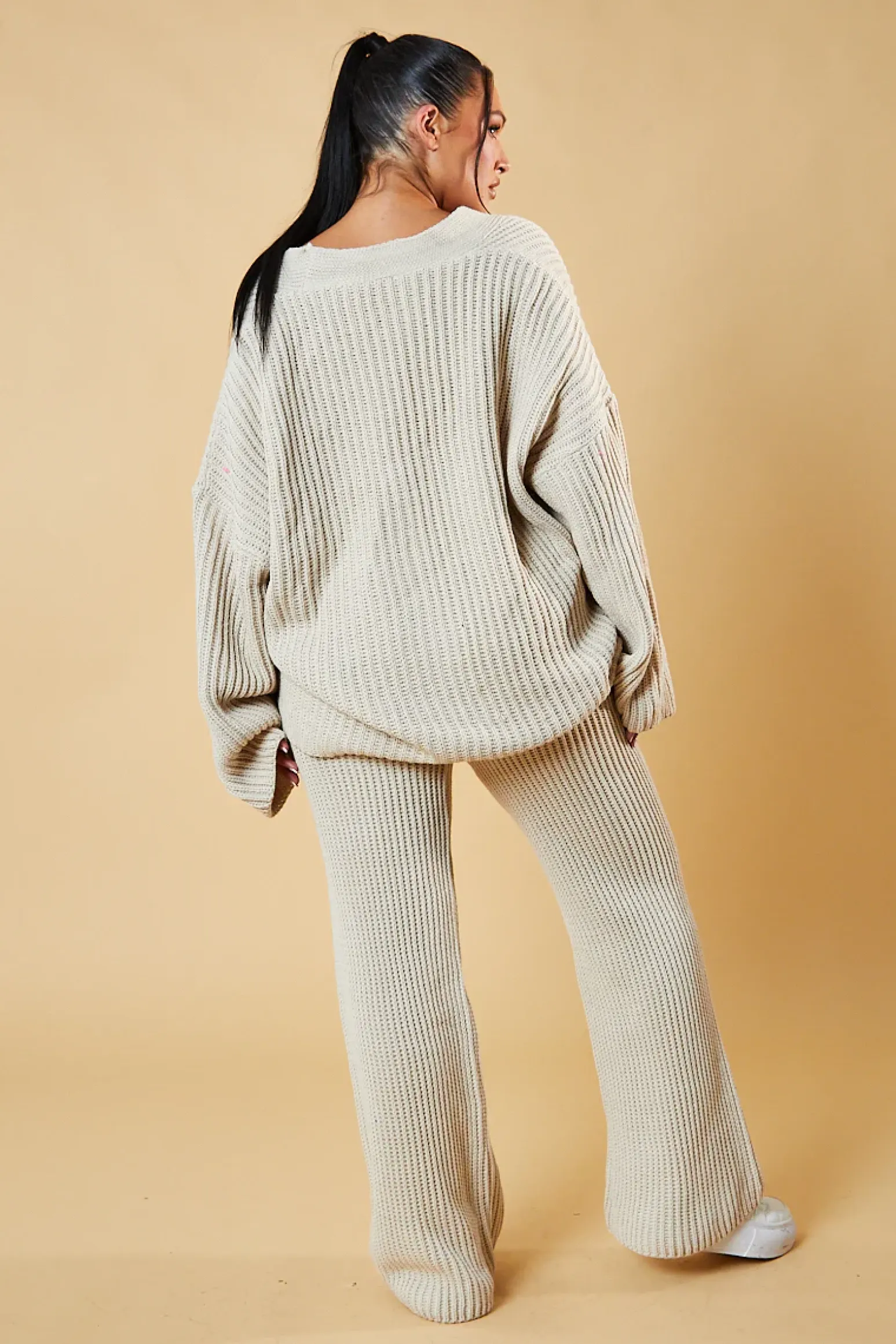Rebellious Fashion Beige Knit Button Up Top & Flared Leg Trouser Co-ord Set - Ellan