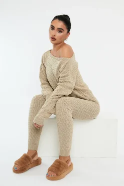 Rebellious Fashion Beige Knit Cropped Jumper & Jogger Set - Kezzie