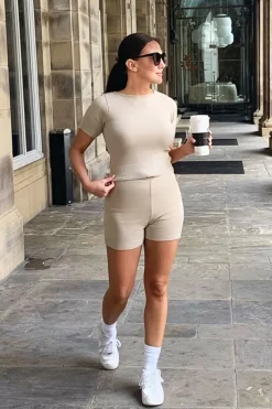 Rebellious Fashion Beige Knit Crop Top Shorts Loungewear Set - Sofiah