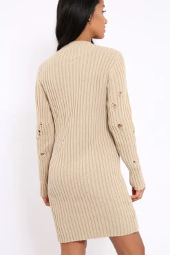 Rebellious Fashion Beige Knit Distressed Jumper Dress - Cheryl