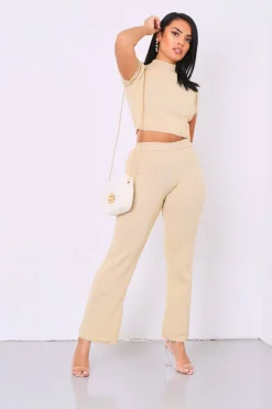 Rebellious Fashion Beige Knit High Neck Crop Top and Trouser Co-ord - Helena