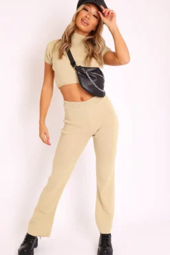 Rebellious Fashion Beige Knit High Neck Crop Top and Trouser Co-ord - Helena