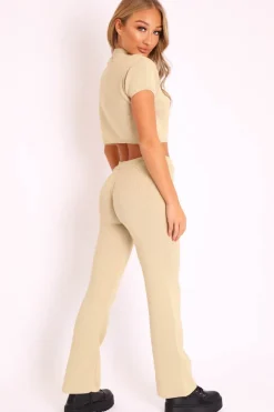 Rebellious Fashion Beige Knit High Neck Crop Top and Trouser Co-ord - Helena