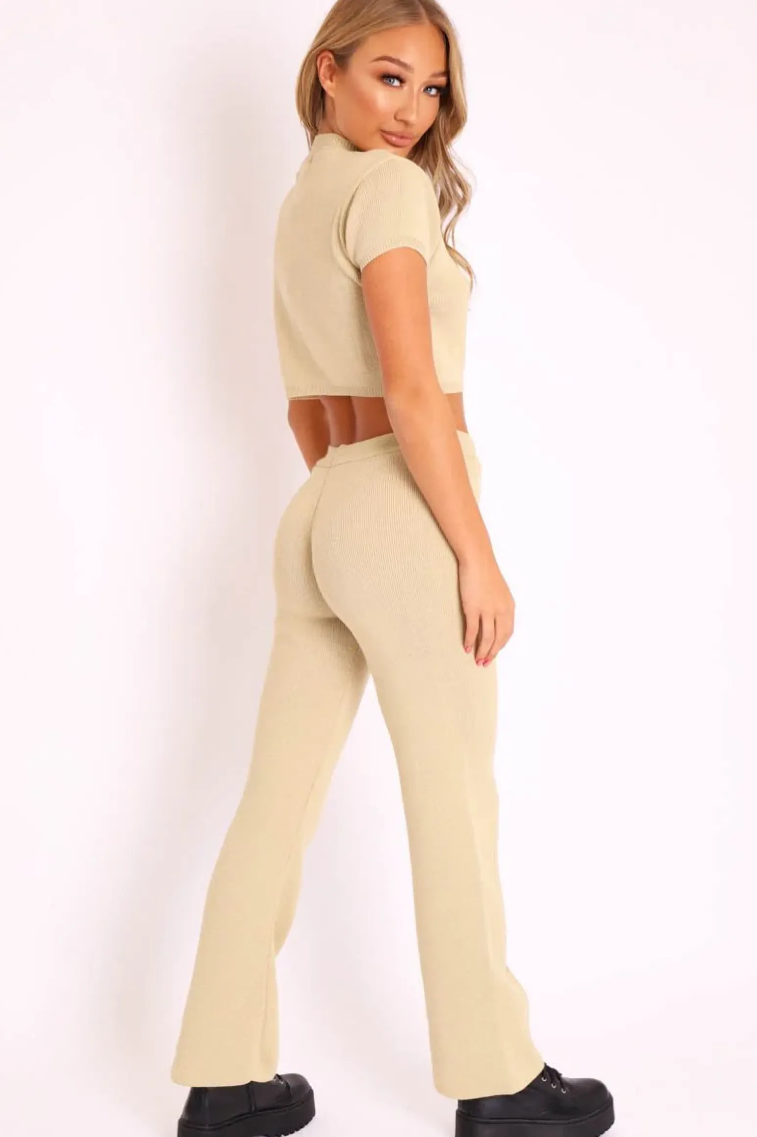 Rebellious Fashion Beige Knit High Neck Crop Top and Trouser Co-ord - Helena