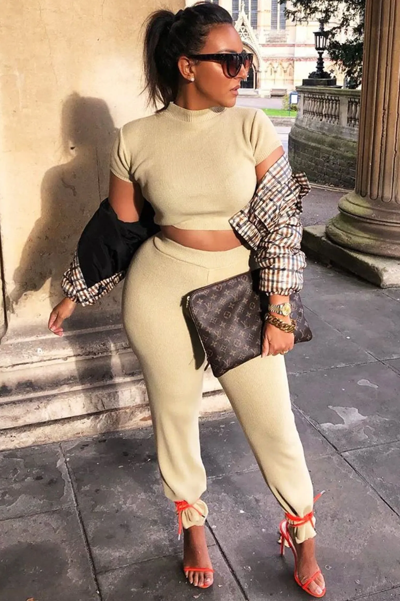 Rebellious Fashion Beige Knit High Neck Crop Top and Trouser Co-ord - Helena