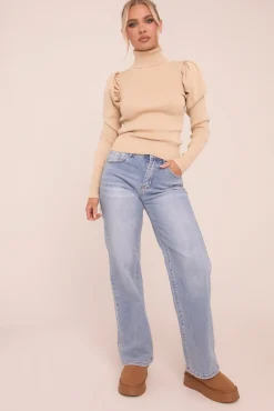Rebellious Fashion Beige Knit High Neck Puff Sleeve Jumper - Amanza
