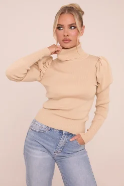 Rebellious Fashion Beige Knit High Neck Puff Sleeve Jumper - Amanza