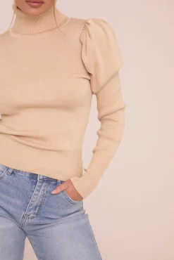 Rebellious Fashion Beige Knit High Neck Puff Sleeve Jumper - Amanza