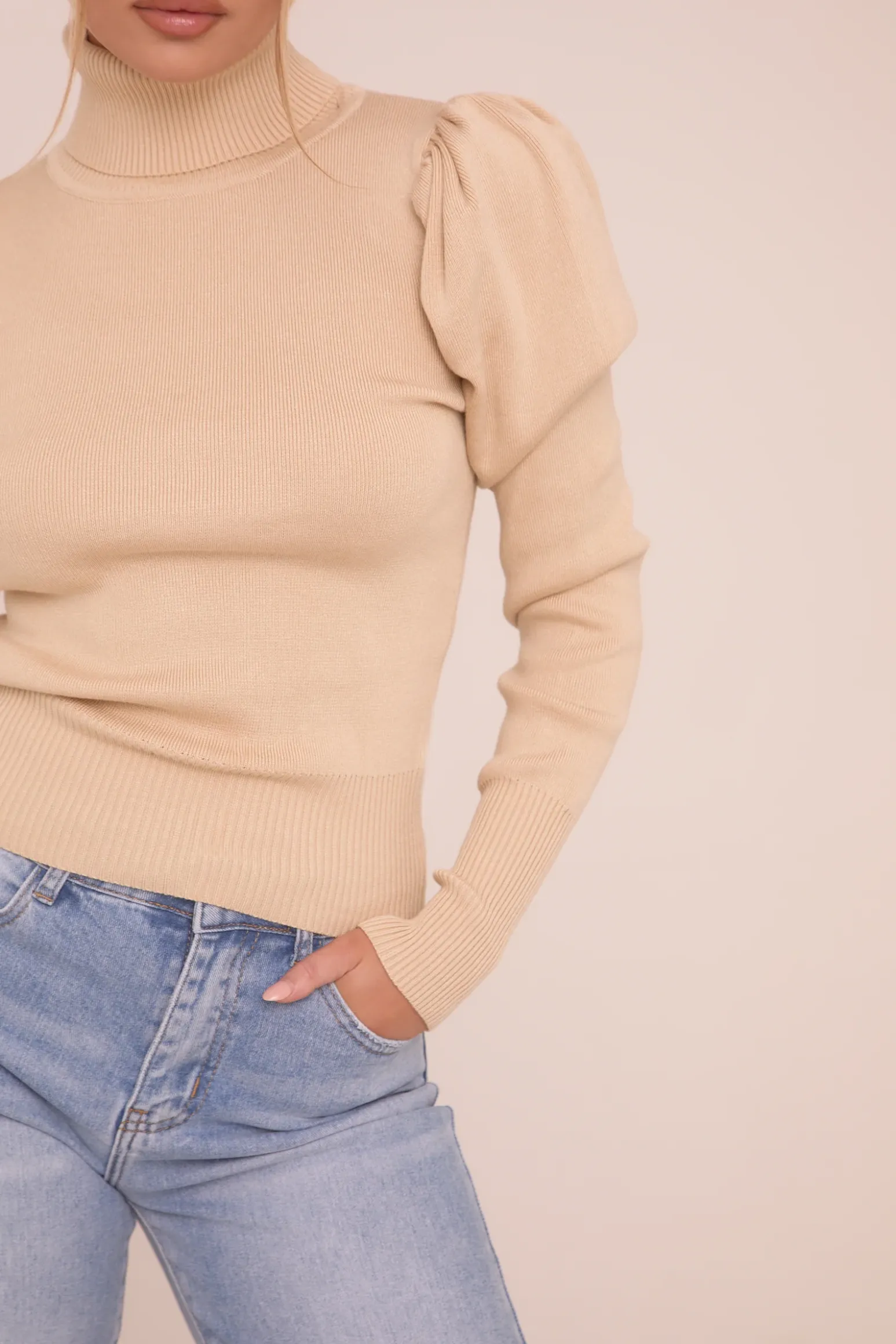 Rebellious Fashion Beige Knit High Neck Puff Sleeve Jumper - Amanza