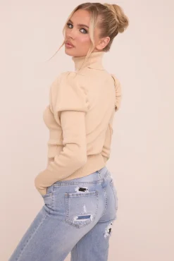 Rebellious Fashion Beige Knit High Neck Puff Sleeve Jumper - Amanza