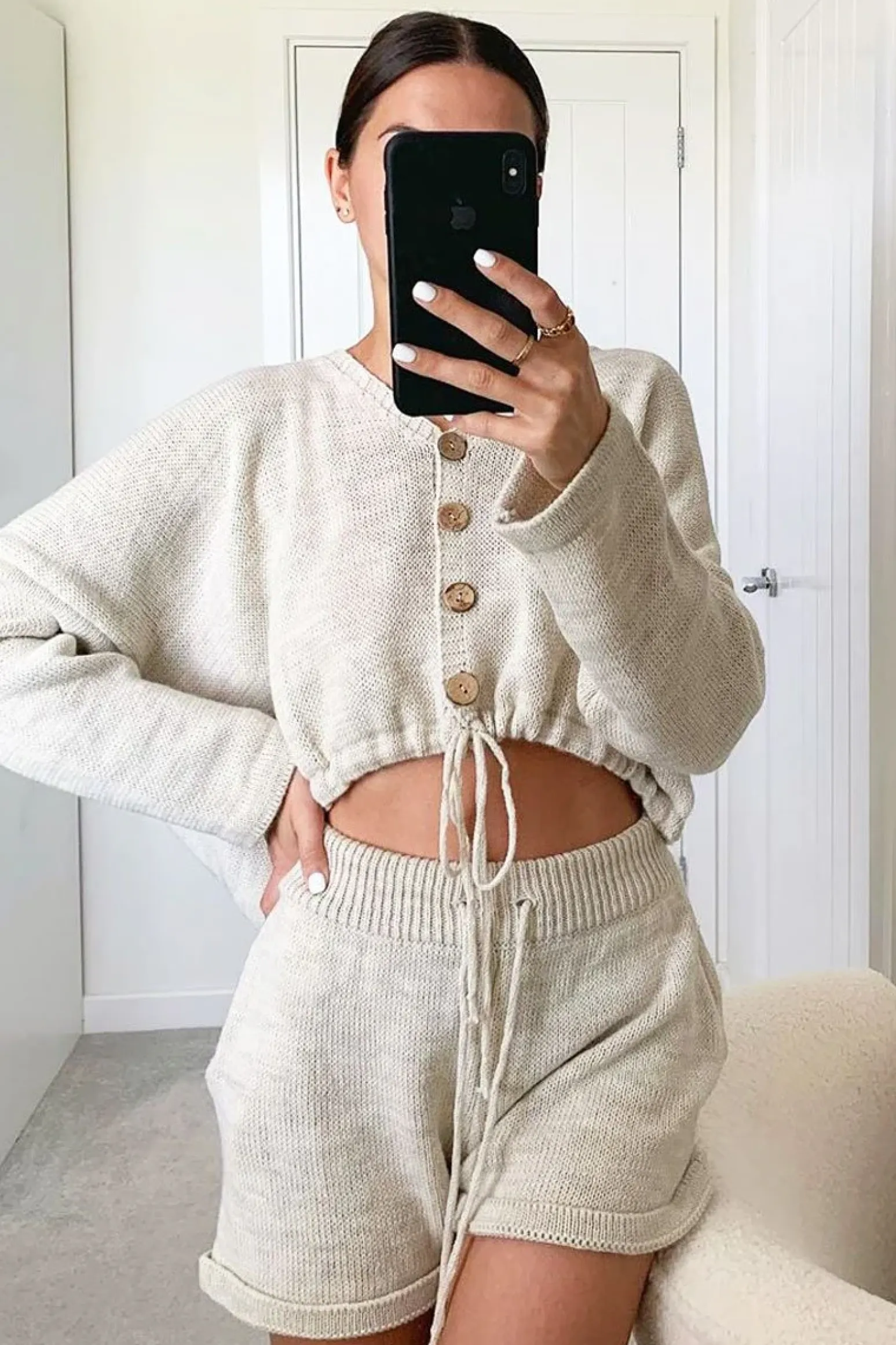 Rebellious Fashion Beige Knit Hoodie Cardigan + Shorts Co-ord - Esther