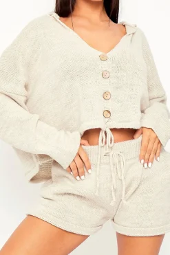Rebellious Fashion Beige Knit Hoodie Cardigan + Shorts Co-ord - Esther