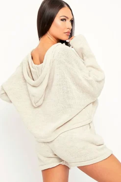 Rebellious Fashion Beige Knit Hoodie Cardigan + Shorts Co-ord - Esther