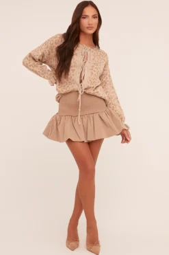 Rebellious Fashion Beige Knit Leopard Print Tie Front Cardigan - Trinidy