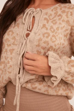 Rebellious Fashion Beige Knit Leopard Print Tie Front Cardigan - Trinidy