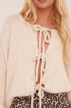 Rebellious Fashion Beige Knit Oversized Tie Front Cardigan - Sorana