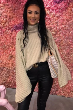 Rebellious Fashion Beige Knit Roll Neck Batwing Jumper - Fallon