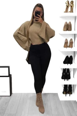 Rebellious Fashion Beige Knit Roll Neck Batwing Jumper - Fallon