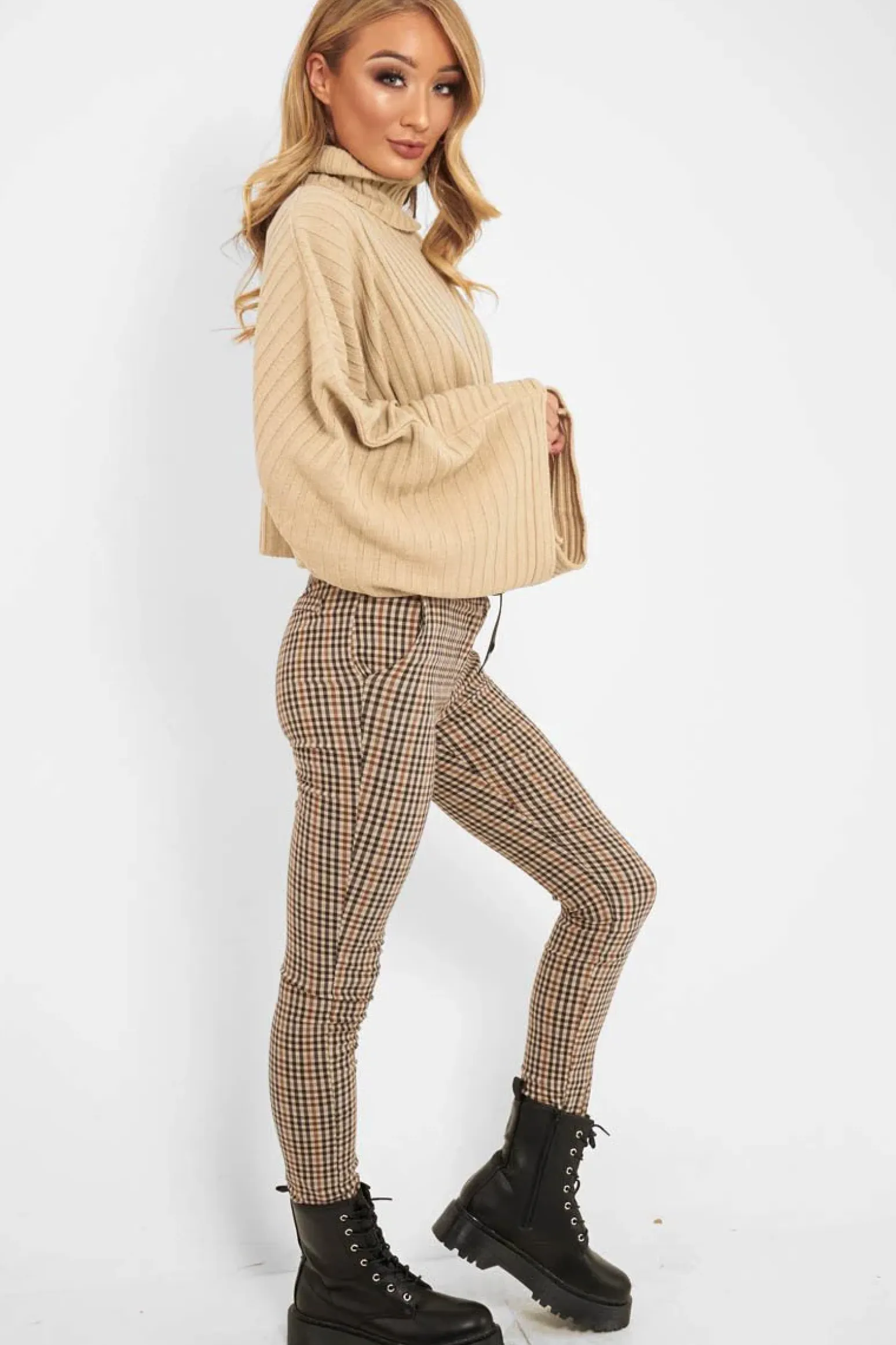 Rebellious Fashion Beige Knit Roll Neck Batwing Jumper - Fallon