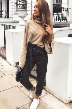 Rebellious Fashion Beige Knit Roll Neck Batwing Jumper - Fallon