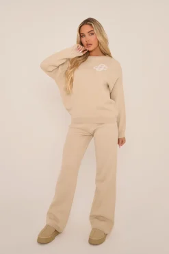 Rebellious Fashion Beige Knit Swirl Graphic Long Sleeves Sweatshirt - Salomi