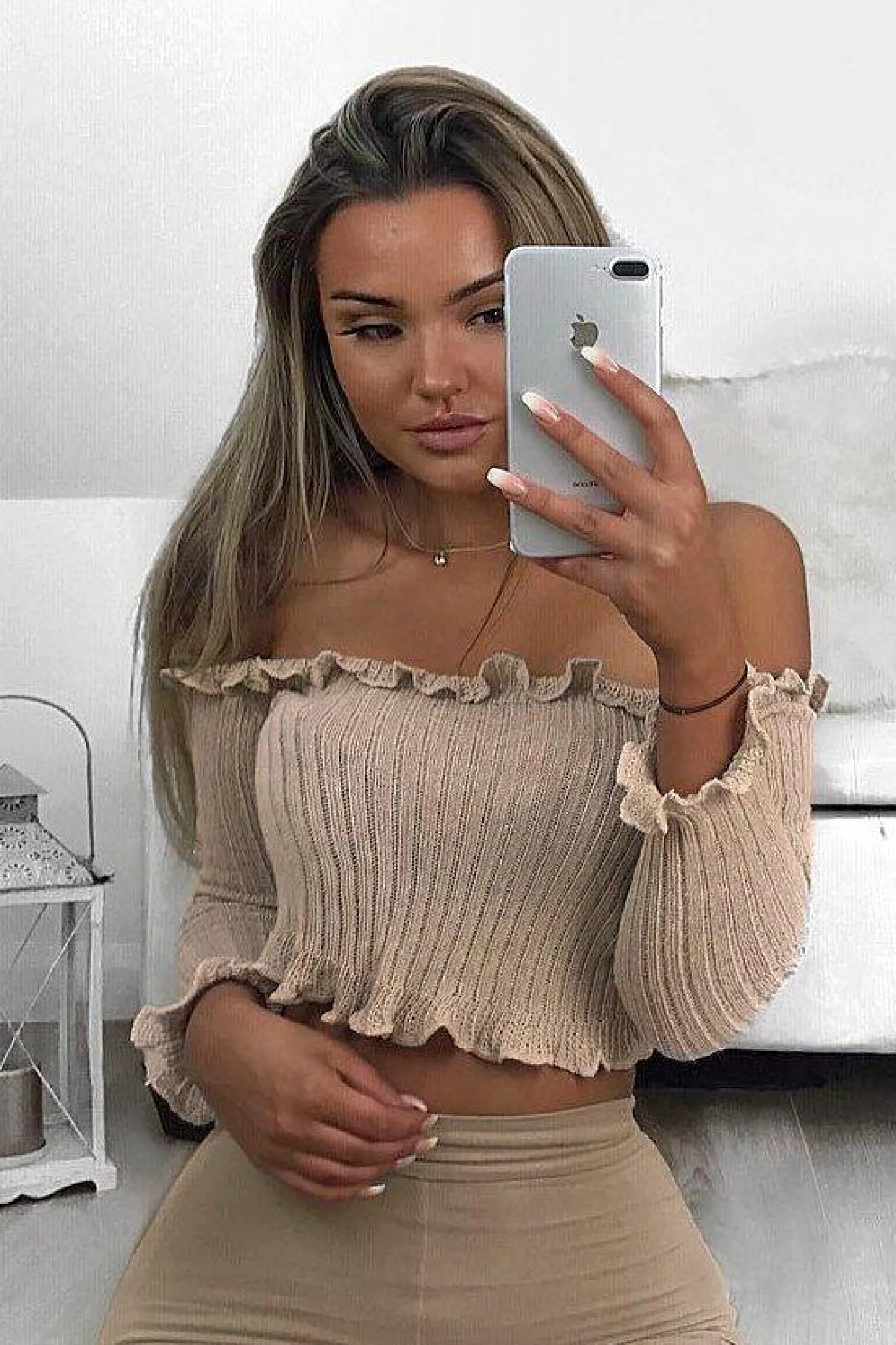 Rebellious Fashion Beige Knitted Bardot Frill Crop Top - Kesia