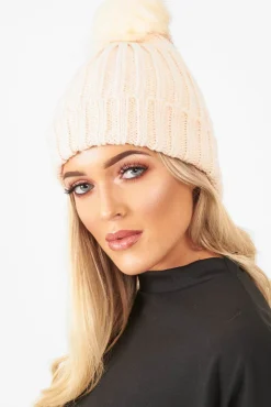 Rebellious Fashion Beige Knitted Bobble Hat - Rorey