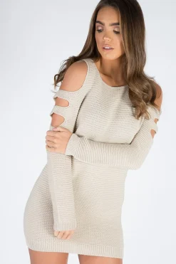 Rebellious Fashion Beige Knitted Cold Shoulder Cut Out Jumper Dress - Sienna