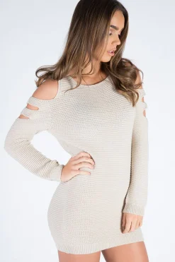 Rebellious Fashion Beige Knitted Cold Shoulder Cut Out Jumper Dress - Sienna