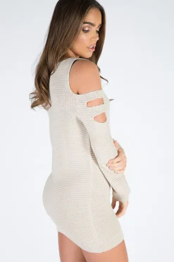 Rebellious Fashion Beige Knitted Cold Shoulder Cut Out Jumper Dress - Sienna