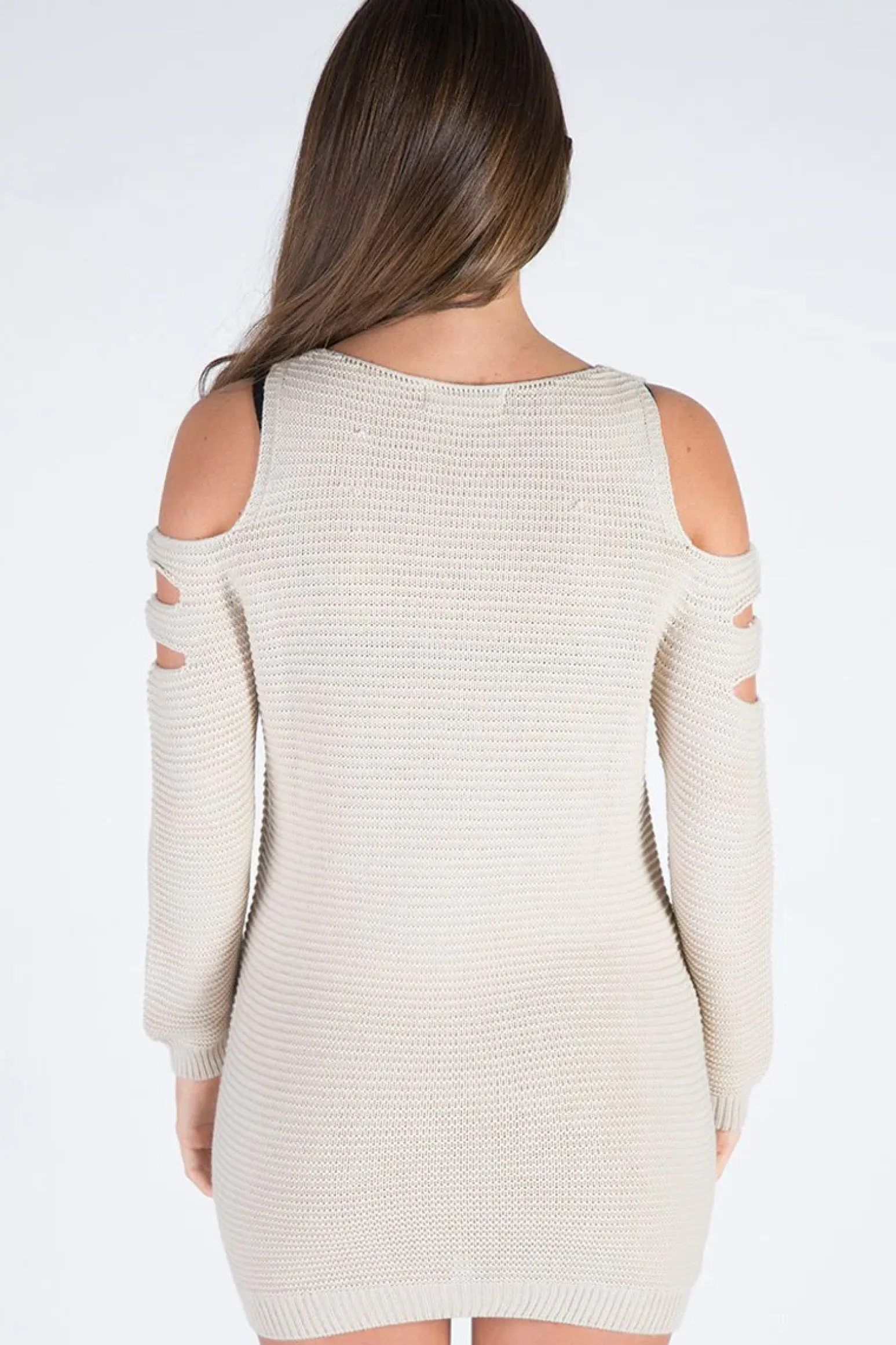Rebellious Fashion Beige Knitted Cold Shoulder Cut Out Jumper Dress - Sienna