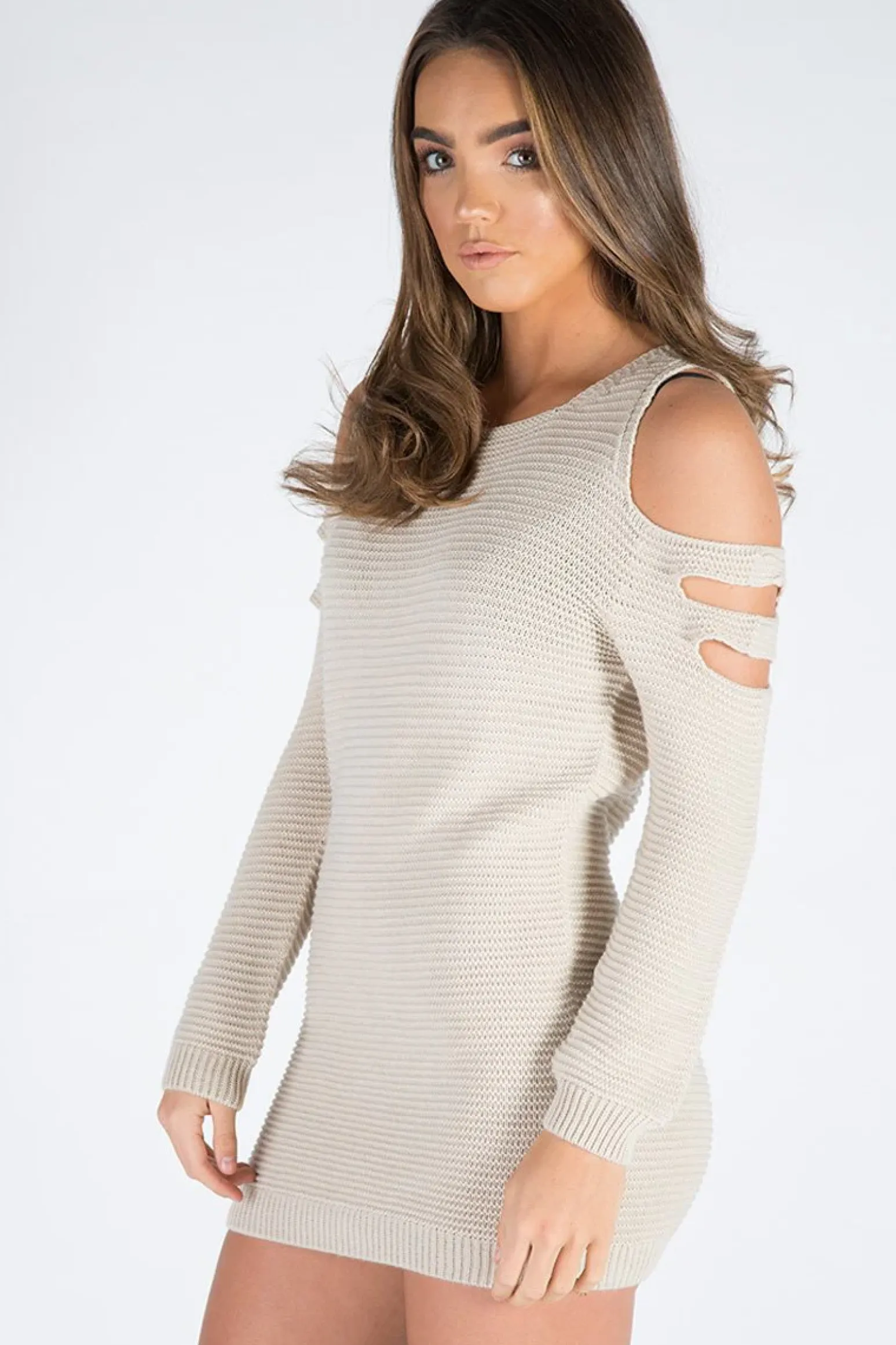 Rebellious Fashion Beige Knitted Cold Shoulder Cut Out Jumper Dress - Sienna