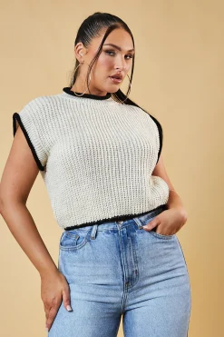Rebellious Fashion Beige Knitted Contrast Edge Cropped Top - Bethany